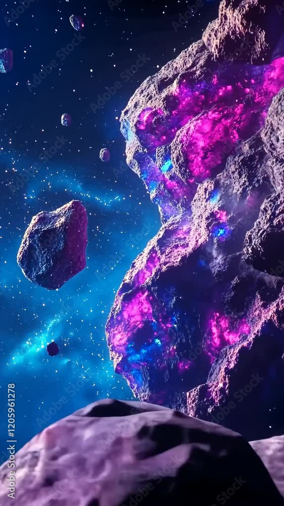 Poster colorful asteroids floating in the vastness of space with vibrant cosmic clouds