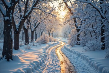 Obraz premium Snowy winter landscape with thawing roadside and warm sunlight illuminating the scene