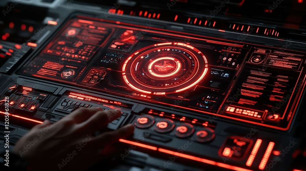 Poster hand operates futuristic control panel in spaceship cockpit, monitoring data