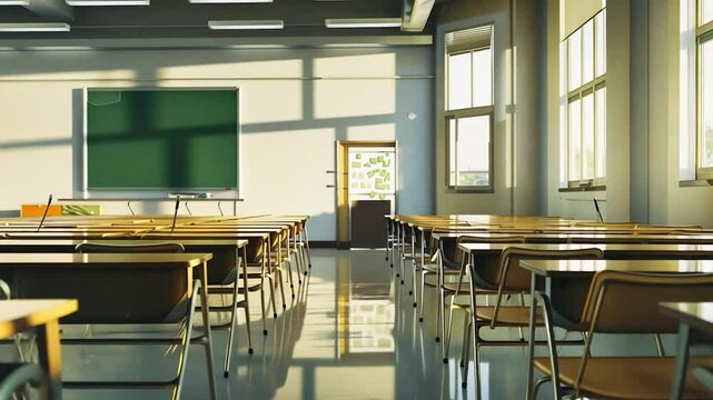 Sunlit empty classroom with rows of desks and a chalkboard, ideal, educational and commercial use in slow motion videos