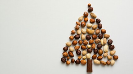 Mixed nuts arranged in the shape of a tree, isolated on a light white background