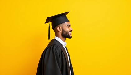 Young african male graduate in cap and gown against yellow background