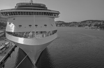 Modern cruiseship cruise ship liner Mediterranea docked in port of Dubrovnik, Croatia during Summer...