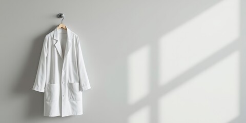 White lab coat hanging on minimalist wall with soft light and shadows
