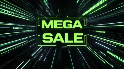 Bold typography with neon green MEGA SALE text on a futuristic abstract background