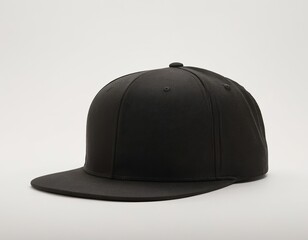 Fototapeta premium Stylish black snapback cap shown at an angle against a light background.