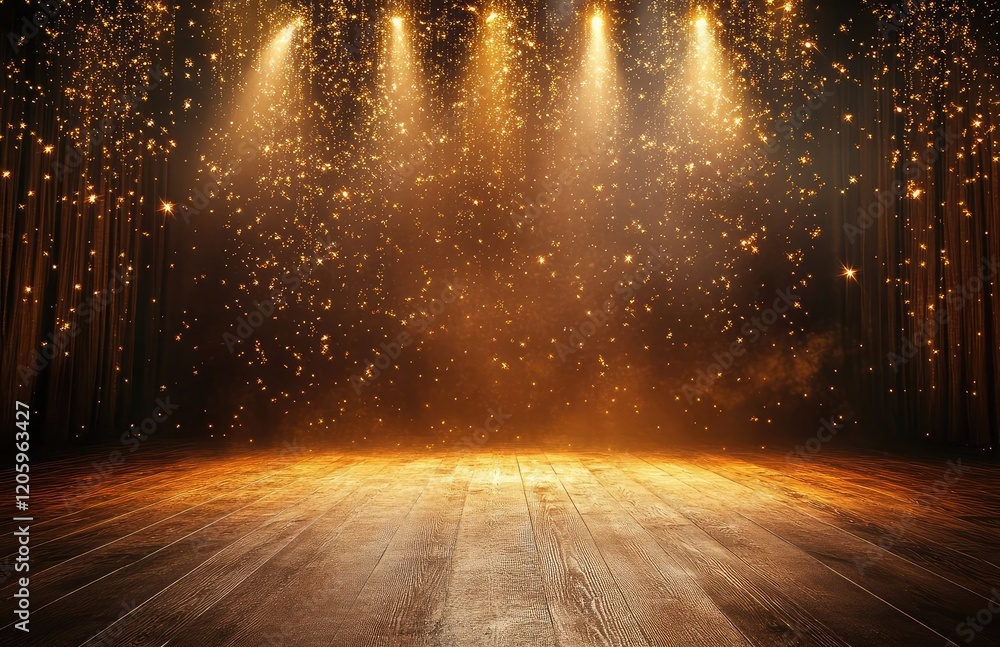 Poster golden stage backdrop with light sparks creating a captivating scene