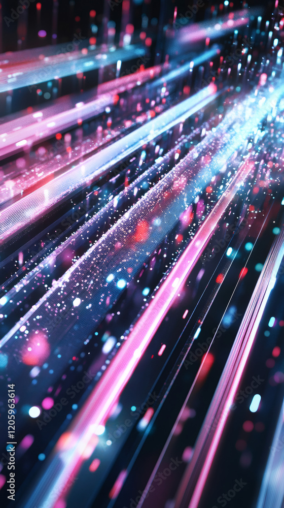 Poster Parallel light trails with glowing particles create a futuristic cyberspace effect, ideal for technology and communication concepts