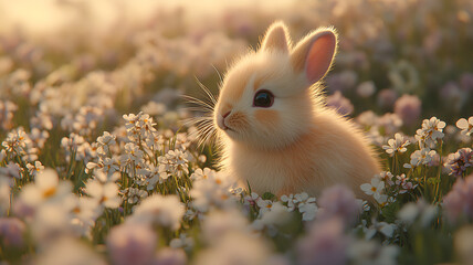 Fototapeta premium gentle rabbit sitting among flowers in sunlit meadow, exuding tranquility and charm