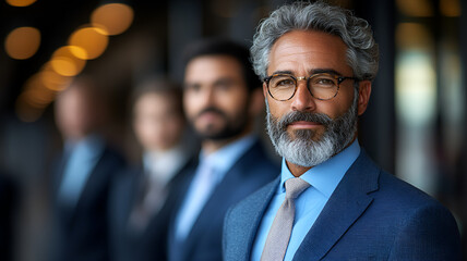 Fototapeta premium confident leader in suit stands in focus, surrounded by diverse team