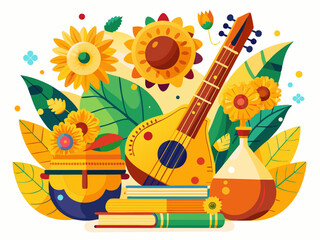 Vasant Panchami Festival with Veena Instrument and Floral Decorations