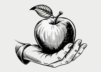 Human hand with Apple fruit, nature, food apple fresh, engraving apple with leaf, vintage sketch