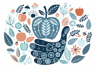 Hand holding apple. Vector engraving illustration for web, poster colorful pattern design
