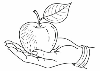 Hand holding apple in vector graphic design. Apple fruit with a leaf. Ink black and white drawing