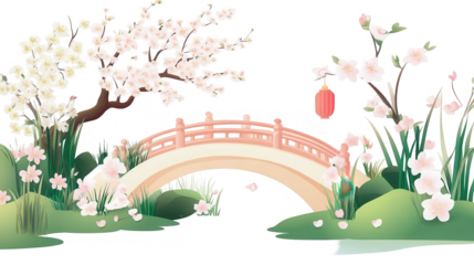Qingming Festival illustration of a traditional wooden bridge over serene water, celebrating tranquility and cultural heritage, isolated on white, PNG file
