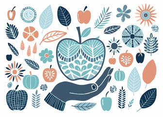 Hand holding apple. Vector engraving illustration for web, poster colorful pattern design