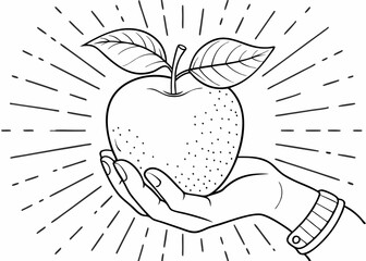 human hand gives an apple. Such line sign as volunteer food, charity grocery, humanitarian assistance.