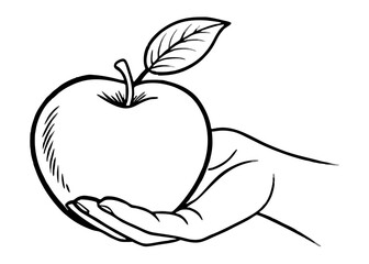 Black silhouette Hand holding apple. Hand drawn design element isolated on white background.