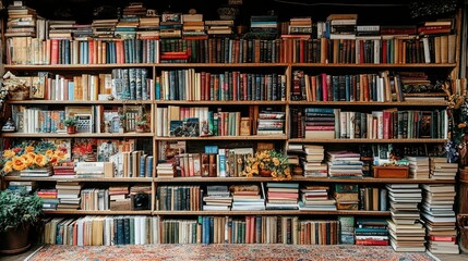 A cozy bookshelf filled with a variety of books and decorative items, creating a warm reading atmosphere.