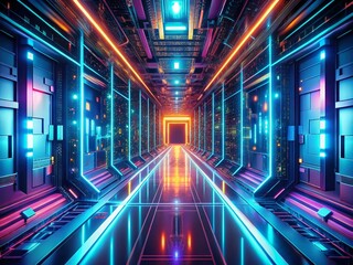 Fototapeta premium Futuristic Corridor: Glowing Lines & Circuit Board Background - Sci-Fi Stock Photo
