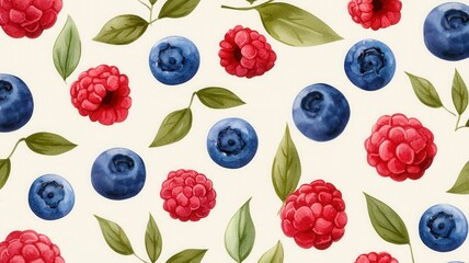 Watercolor Boho Fruit Pattern concept. Colorful pattern of raspberries and blueberries with leaves.
