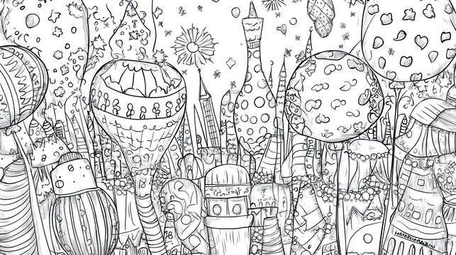 Bright and playful New Year&acirc;&euro;&trade;s Day parade with balloons, floats, and party decorations, designed with intricate details for a fun coloring page 
