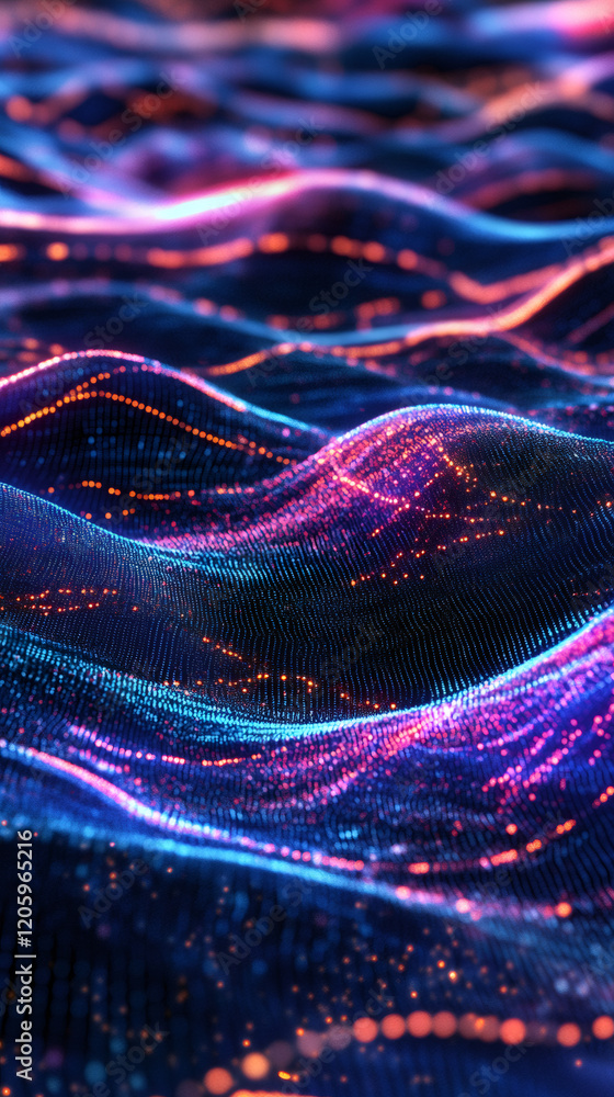 Leinwandbilder flowing smoothly through a dark cyberspace, an abstract digital wave of glowing particles creates a 