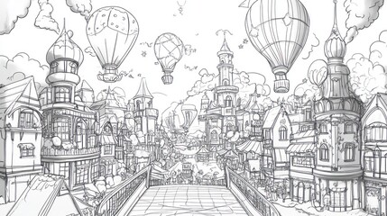 Bright and playful New Yearâ€™s Day parade with balloons, floats, and party decorations, designed with intricate details for a fun coloring page