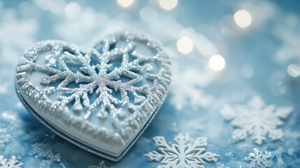 A heart-shaped card with embossed snowflake patterns, on a festive silver and blue background