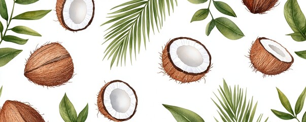 Watercolor Boho Fruit Pattern concept. Coconuts and leaves arranged on a white background.