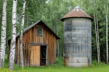 A large silo standing next to a wooden barn.