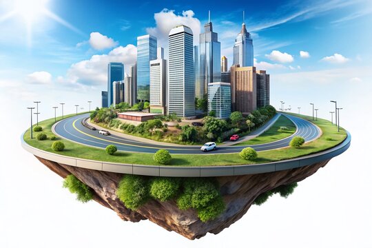 Futuristic Floating City Island Highway Road, Aerial View, Isolated PNG