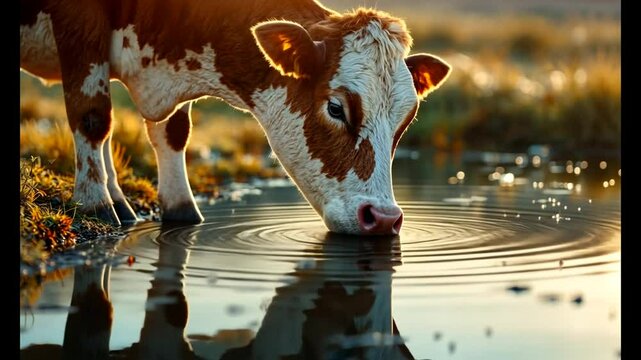 Brown and white cow drinking from a puddle in a sunlit pasture.