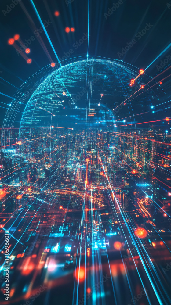 Poster light trails and digital globe connecting global business and technology in smart city network at ni
