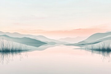 Fototapeta premium A calm river flows through the center with subtle reflections of the surrounding mountains