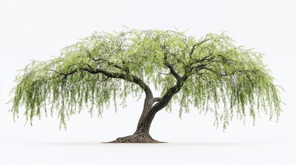 A large tree with long branches and green leaves