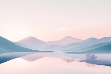A calm river flows through the center with subtle reflections of the surrounding mountains
