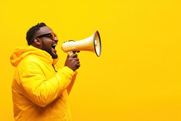 Man in yellow jacket shouting into megaphone.