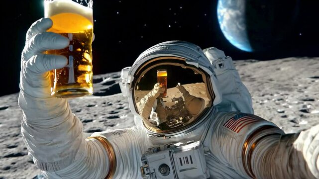 Astronaut enjoying a beer while on the moon