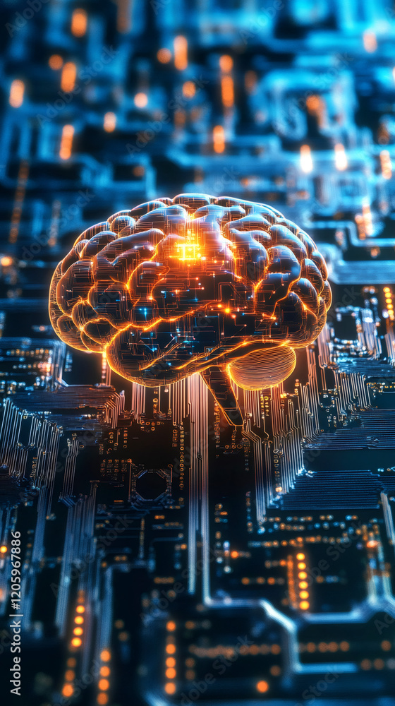 Poster luminous ai neural network glowing above high-tech electronic circuit board