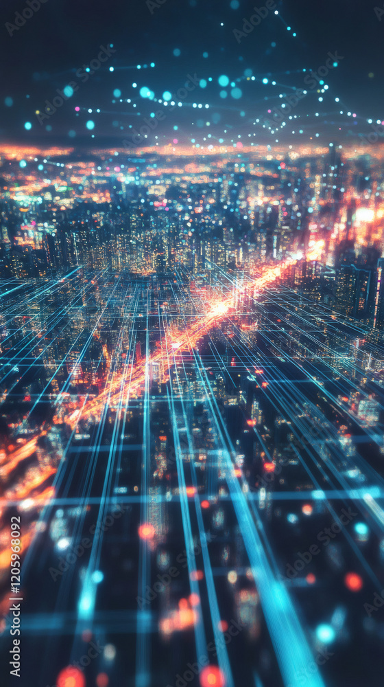 Leinwandbilder network of lines and dots connecting buildings in a smart city, representing data transfer and futur