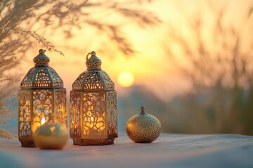 Warm family gathering during Ramadan featuring glowing lanterns and a beautiful sunset backdrop