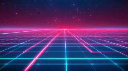 Fototapeta premium Vibrant neon grid perspective on a dark backdrop creates a futuristic digital landscape