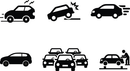 Different type of cars flat vector icon. Car Speed, Accident, Accelerate, Repair, Traffic jam icon illustration.