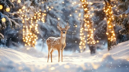 A serene winter scene featuring a lone deer with antlers standing in a snowy forest.