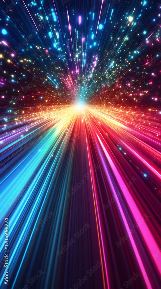 Poster Radiant light beams spreading dynamically, casting vivid chromatic patterns across deep shadowy background