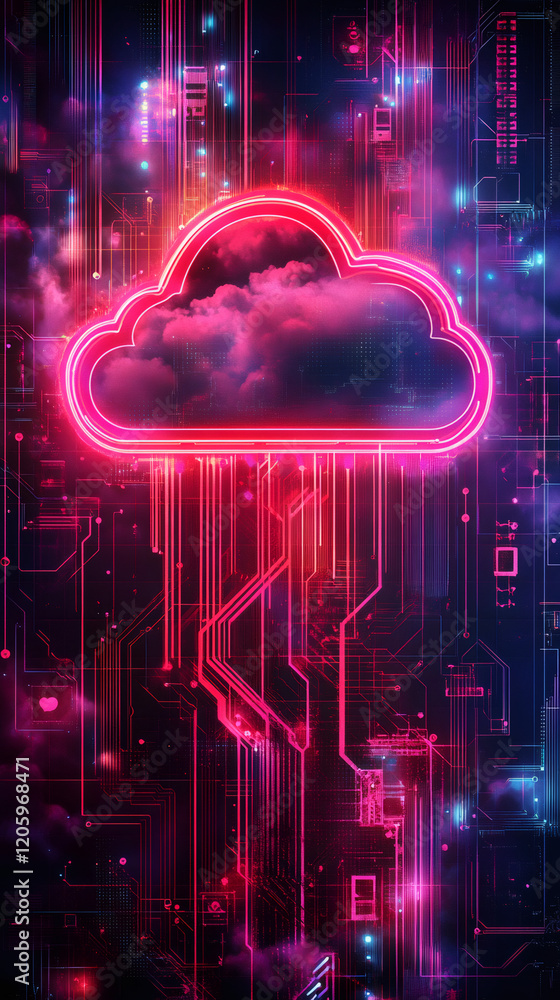 Aufkleber cloud computing transferring data through futuristic electronic circuits with pink and blue neon lig