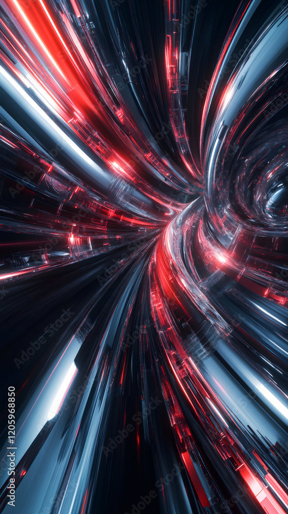 Poster Digital vortex swirling with vibrant red and blue light streaks, representing high-speed technological movement and digital energy