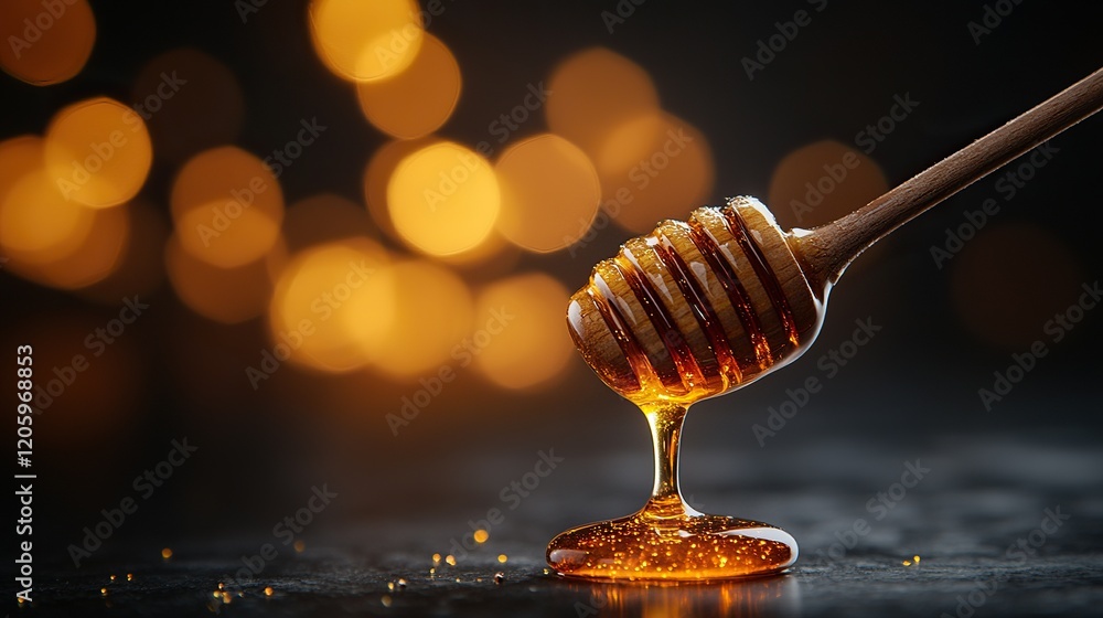 Poster honey dripping from dipper on dark table with bokeh background