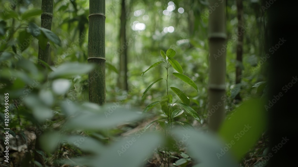 Poster tall bamboo stalks stretch upward as dappled sunlight filters through, casting patterns on the lush 